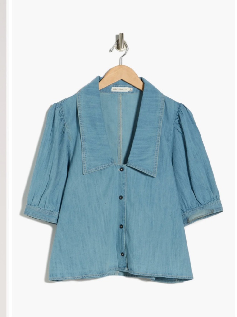 Avec Les Filles Sailor Collar  Button-Front Puff Sleeve Top Sz XS